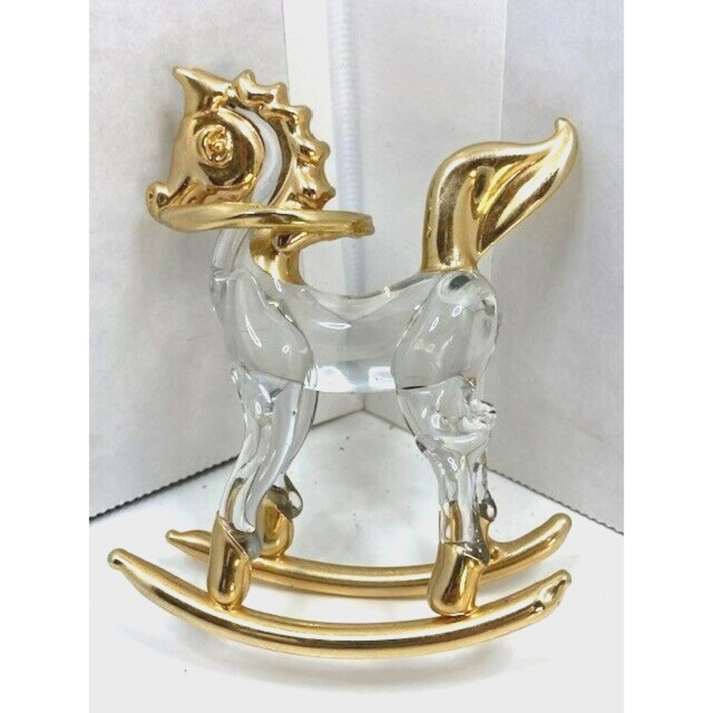 Vintage Hand Blown Glass Rocking Horse Gold Accents/Trim Collectible Figure
